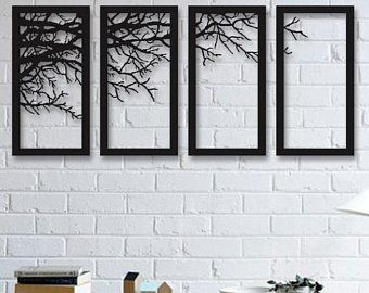 Set of 4 Tree Art Wall Decorations | MDF Wood | Black Color
