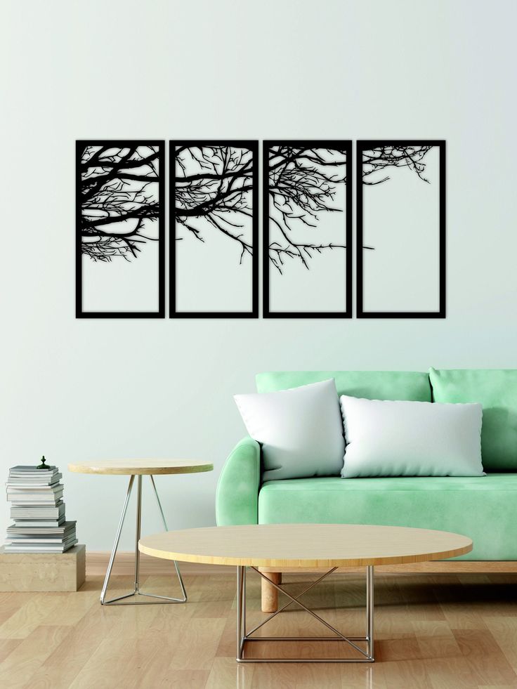 Set of 4 Tree Art Wall Decorations | MDF Wood | Black Color