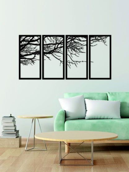 Set of 4 Tree Art Wall Decorations | MDF Wood | Black Color
