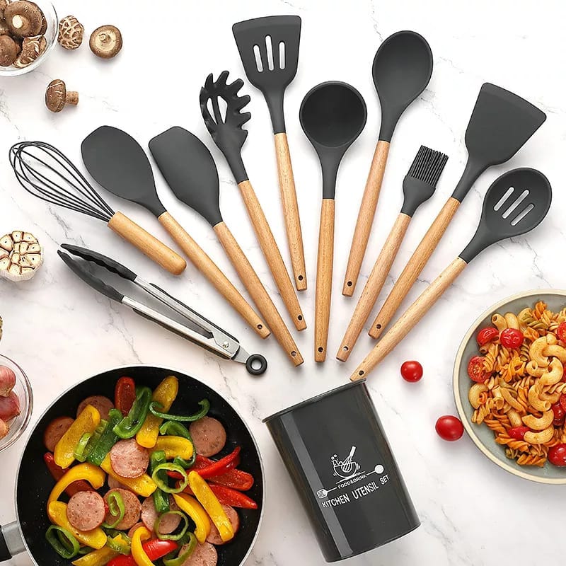 12 Pcs Silicone Cooking Utensil Set – Heat-Resistant, Non-Toxic with Wooden Handles 🍴🧑‍🍳
