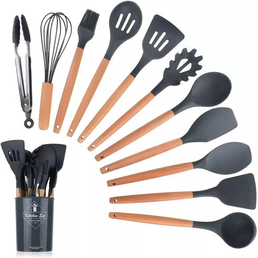 12 Pcs Silicone Cooking Utensil Set – Heat-Resistant, Non-Toxic with Wooden Handles 🍴🧑‍🍳
