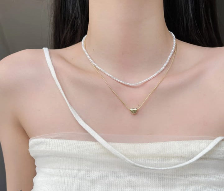 💖 Elegant Double Layer Heart Pearl Pendant Necklace