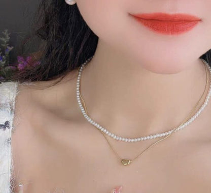 💖 Elegant Double Layer Heart Pearl Pendant Necklace