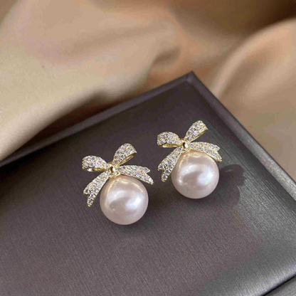 🎀 Bow Sparkle Diamond Pearl Stud Earrings