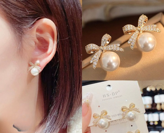 🎀 Bow Sparkle Diamond Pearl Stud Earrings