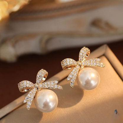 🎀 Bow Sparkle Diamond Pearl Stud Earrings