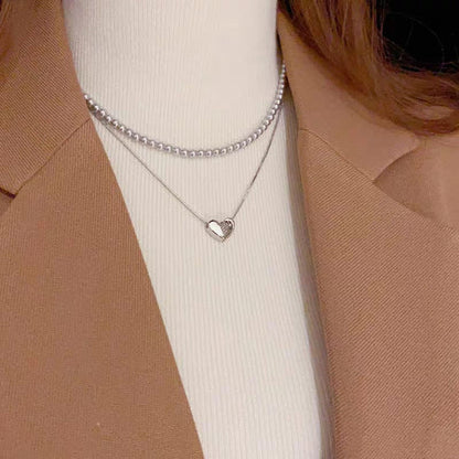 💖 Elegant Double Layer Heart Pearl Pendant Necklace
