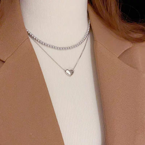 💖 Elegant Double Layer Heart Pearl Pendant Necklace