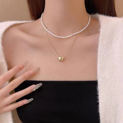 💖 Elegant Double Layer Heart Pearl Pendant Necklace